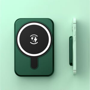 Slim 5000mAh magnetic wireless power bank attached to smartphone