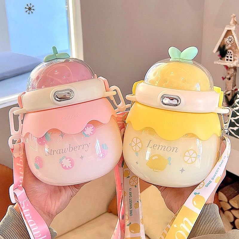 Cute big belly straw water bottle with carry strap