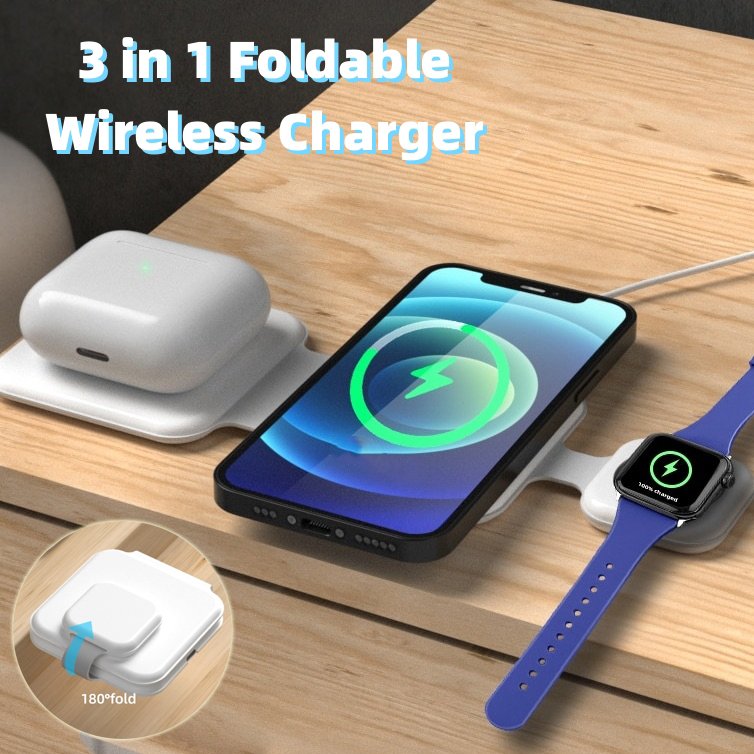 3-in-1 magnetic foldable wireless charging station charging phone, smartwatch and earbuds