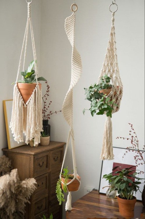 Macrame hanging planter by window boho decor