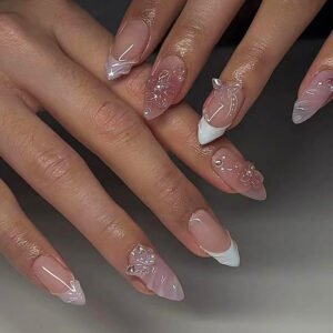 Butterfly press-on nails with 3D nail art french tips