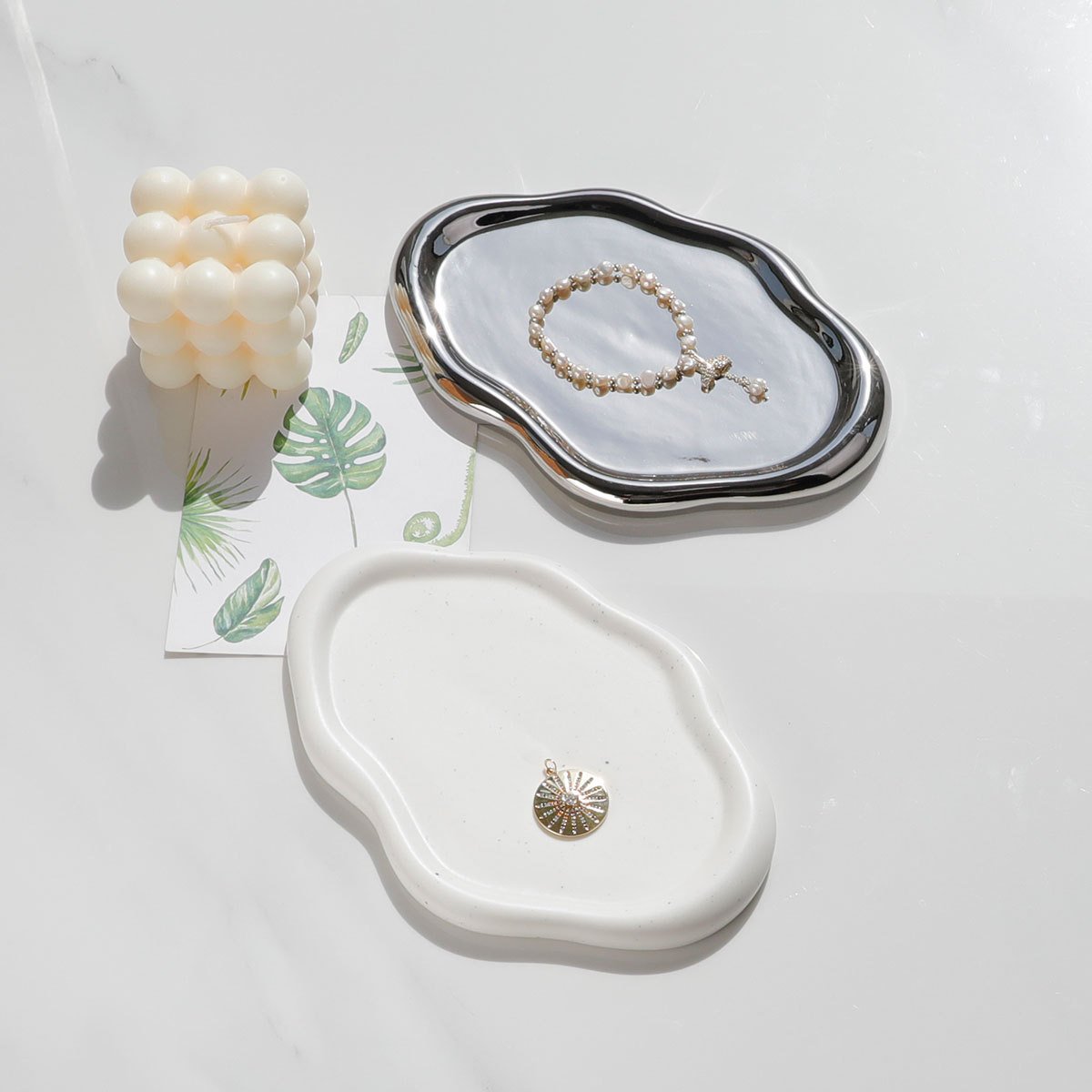 Aesthetic ceramic trinket dish on vanity