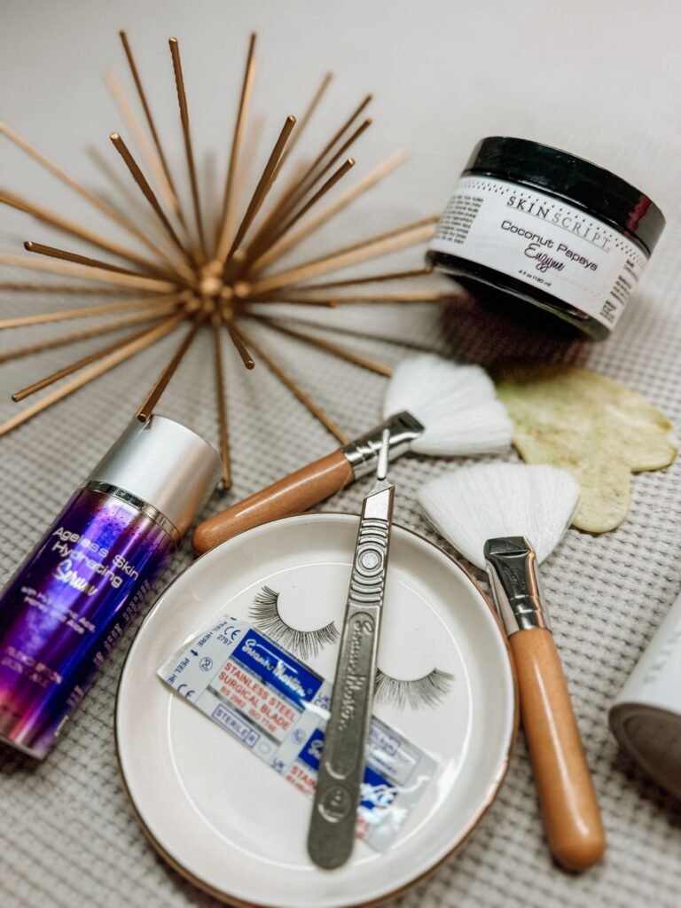 An assortment of skincare and beauty tools arranged on display