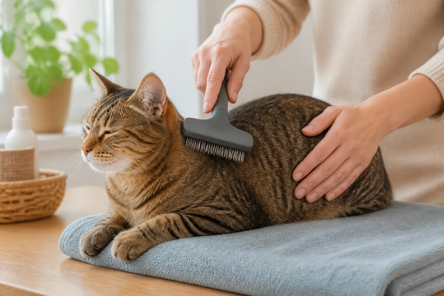 Calm tabby cat receiving gentle grooming with a slicker brush