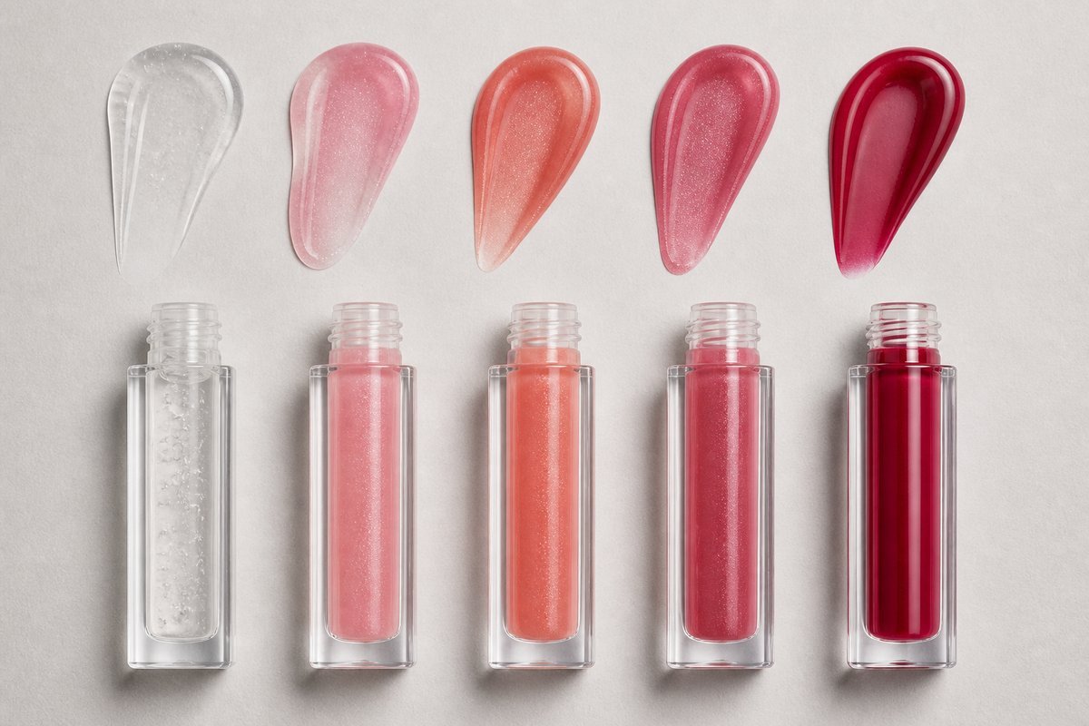 Five lip gloss tubes with color swatches from clear to crimson on grey background