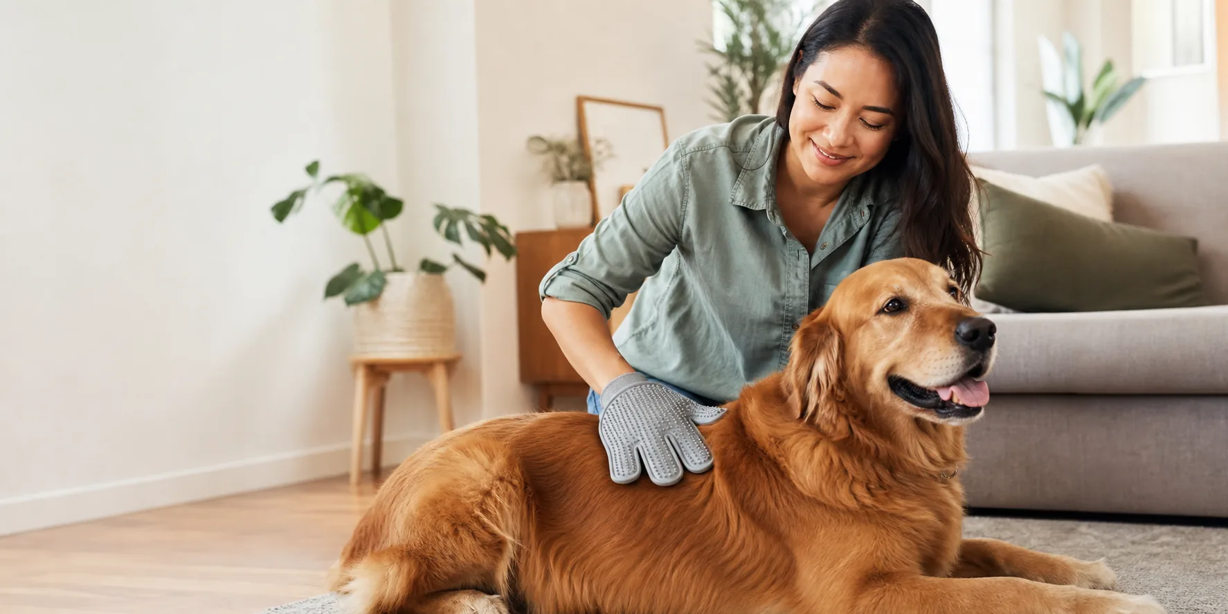 Pet owner using a silicone grooming glove to reduce loose dog hair at home